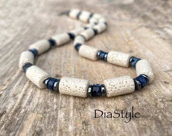 Men's White Lava Stone Necklace: Blue Imperial Jasper & Hematite Beaded Choker
