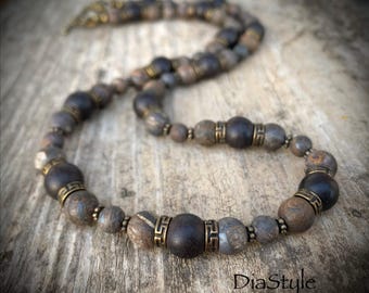 Bronzite Wooden Beaded Necklace, Bohemian Brass Choker for Men