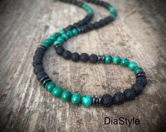 Men's Malachite & Lava Stone Beaded Necklace