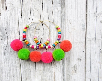 Colorful Pom Pom Earrings: Wooden Bead & Brass Hoop Dangles