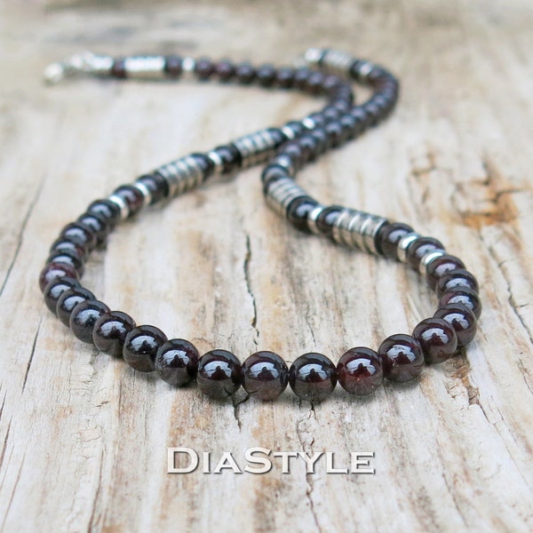 Mens Garnet Necklace, Mens Beaded Necklace, Garnet Jewelry, Gemstone Necklace, 316L Stainless Steel Garnet Necklace, Beaded Jewelry