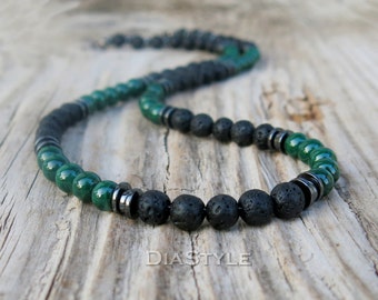 Men's Black Lava Stone Necklace, Men's Natural Green Malachite Necklace, Men's Beaded Necklace, Choker Necklace, Surfer Necklace