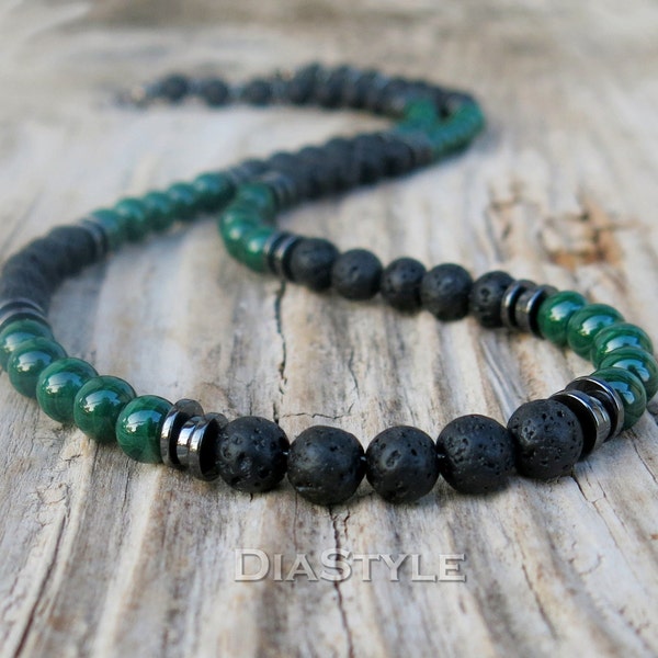 Men's Black Lava Stone Necklace, Men's Natural Green Malachite Necklace, Men's Beaded Necklace, Choker Necklace, Surfer Necklace