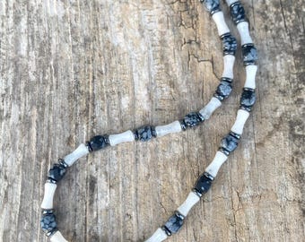 White Jade & Snowflake Obsidian Gemstone Necklace - Handmade Boho Men's Jewelry