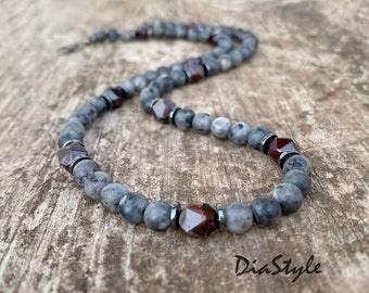 Men's Labradorite Necklace, Garnet Necklace, Men's Beaded Necklace, Labradorite Choker, Hematite Necklace, Choker Necklace, Surfer Necklace