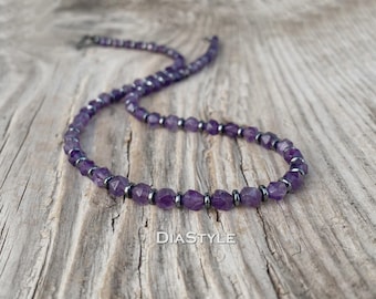 Men's Faceted Amethyst Choker – Hematite Accent Boho Necklace