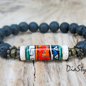 Men's Black Lava Stone Bracelet: Tribal Ceramic Bead, Boho Style, Boho Jewelry