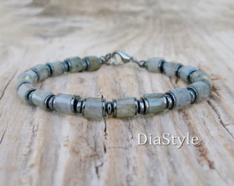 Men's Faceted Labradorite Bracelet: Hematite Beaded Yoga Bracelet