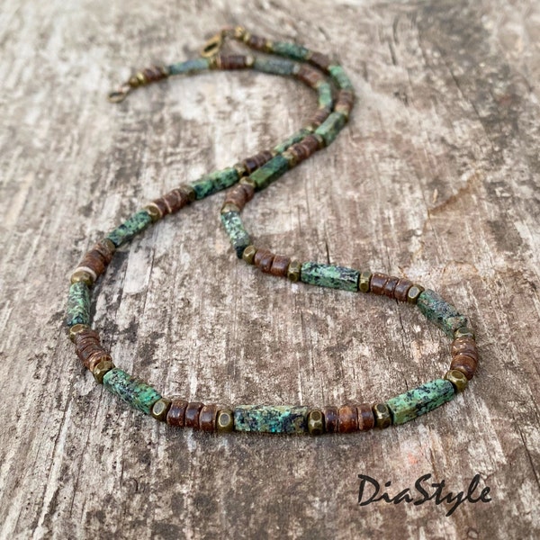 Men's African Turquoise Necklace, Men's Coconut Necklace, Men's Beaded Necklace, Surfer Necklace, Men's Jewelry, Choker Necklace