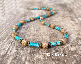 Blue Imperial Jasper Men's Necklace: Picture Jasper, Antique Brass