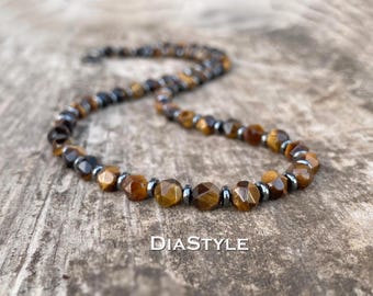 Men's Tiger Eye Beaded Necklace: Hematite Gemstone Jewelry