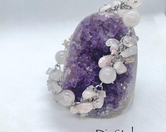Handmade Rose Quartz Chip Bracelet, Round Bead Crystal Jewelry
