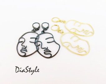 Abstract Face Dangle Earrings: Black and Gold Picasso Style
