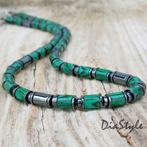 Mens Green Malachite Necklace, Mens Beaded Necklace, Hematite Necklace, Choker Necklace, Surfer Necklace