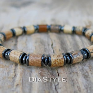 Mens Picture Jasper Bracelet, Mens Beaded Bracelet, Hematite Bracelet, Energy Bracelet, Healing Bracelet