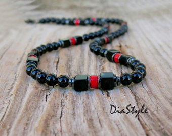 Black Onyx Necklace, Red Coral Necklace. Men's Beaded Necklace, Gemstone Necklace, Choker Necklace, Men's Beaded Jewelry, Hematite Necklace