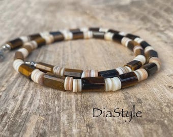Men's Tiger Eye and Puka Shell Surfer Necklace, Bohemian Style