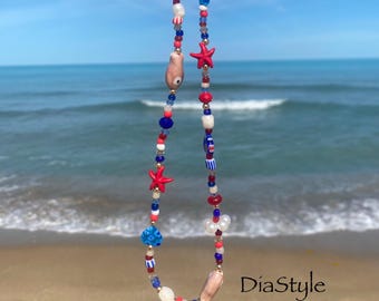 Beaded Fish Necklace, Summer Beach Jewelry, Glass Pearls Gold Tone Clasp