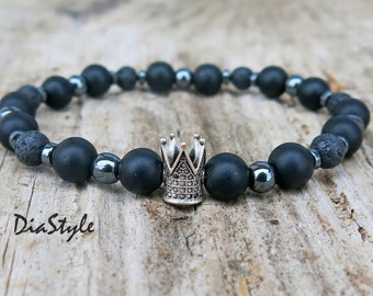 Mens Black Onyx Bracelet, Crown Bracelet, Hematite Bracelet, Energy Men's Bracelet, Men's Jewelry, Mala Yoga Bracelet, Healing Bracelet