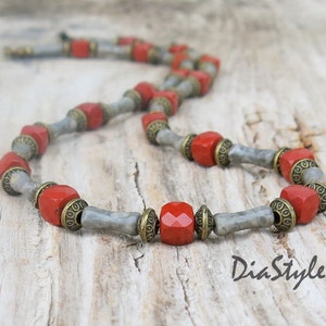 Men&#39;s Natural Fossil Coral Necklace, Men&#39;s Natural Red Jasper Necklace, Men&#39;s Beaded Necklace, Choker Necklace, Surfer Necklace