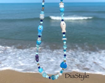Beaded Blue White Fish Necklace, Summer Beach Jewelry, Glass Pearls Gold Tone Clasp