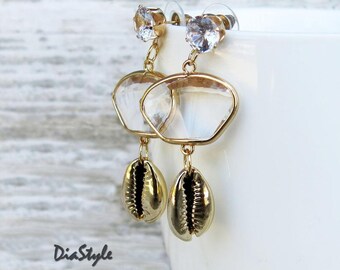 Gold Cowrie Shell Dangle Earrings with Glass Pendants