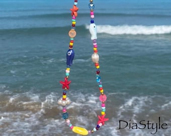 Beaded Fish Necklace, Summer Beach Jewelry, Glass Pearls Gold Tone Clasp