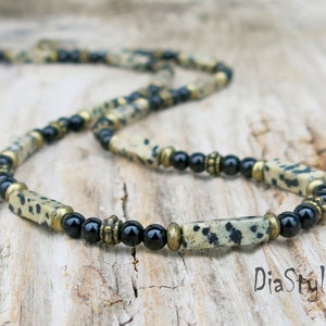 Collier homme en jaspe dalmatien, collier homme onyx noir, collier de perles homme, collier ras du cou, collier surfeur, bijoux bohème