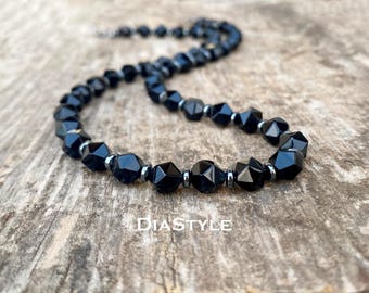 Men's Black Onyx Beaded Necklace: Hematite Accent, Gunmetal Clasp