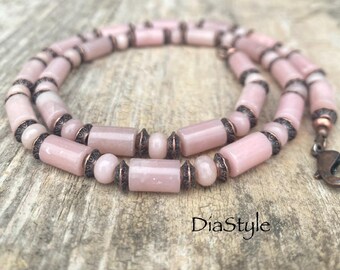 Pink Opal Beaded Necklace, Antique Copper Accents, Surfer Boho Style