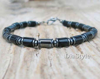 Men's Black Onyx Bracelet, Men's Beaded Bracelet, Black Onyx Jewelry, Hematite Necklace, Energy Bracelet. Black Bracelet, Gift for Men