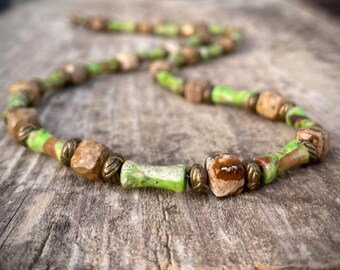 Men's Green Imperial Jasper Necklace, Antique Brass Tribal Choker