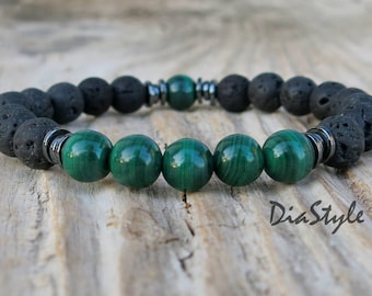 Bracciale in malachite e pietra lavica: gioielli unisex fatti a mano