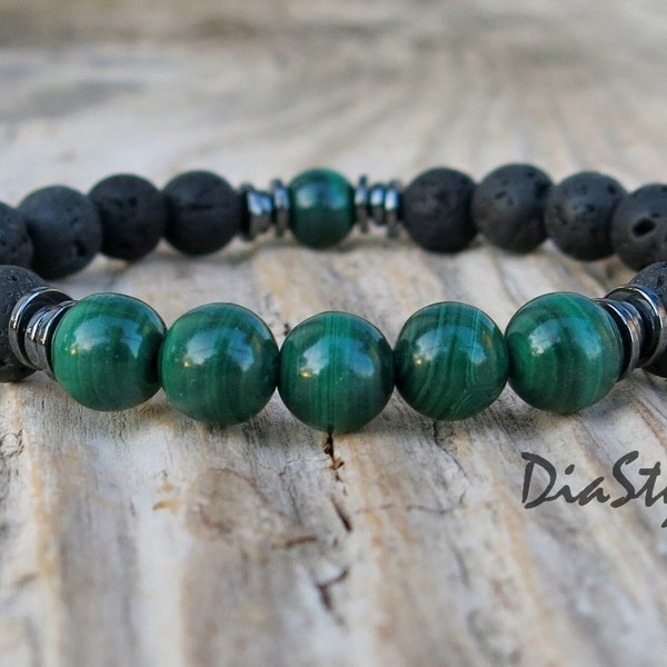 Men's Malachite Bracelet, Natural Green Malachite, Black Lava Stone Bracelet, Men's Beaded Bracelet, Meditation Bracelet, Mala Yoga Bracelet