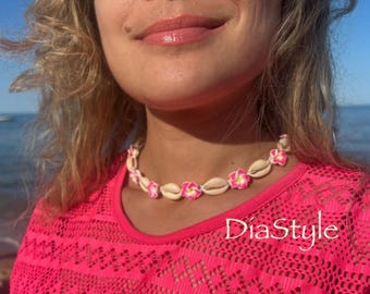 Cowrie Shell Choker, Pink Plumeria Flower, Hemp Necklace, Summer Beach Jewelry