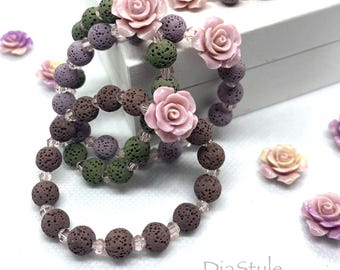 Lava Stone Flower Bracelet, Volcanic Rose Beaded Jewelry