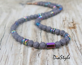 Men's Lava Stone Necklace, Rainbow Hematite Necklace, Men's Lava Stone Necklace, Men's Beaded Necklace, Choker Necklace, Surfer Necklace