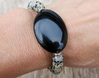Dalmation Jasper & Black Onyx Beaded Statement Bracelet