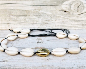 White & Gold Cowrie Shell Choker: Sea Shell Necklace