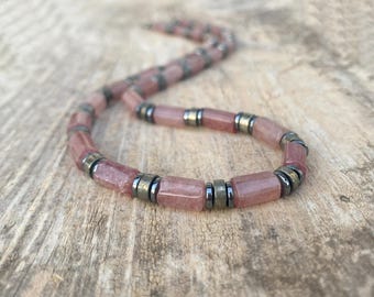 Men's Strawberry Quartz  Necklace, Men's Pyrite Necklace, Choker Necklace, Men's Beaded Jewelry, Gift for Him