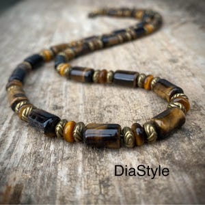 Men's Tiger Eye Beaded Necklace, Antique Brass, Boho Jewelry