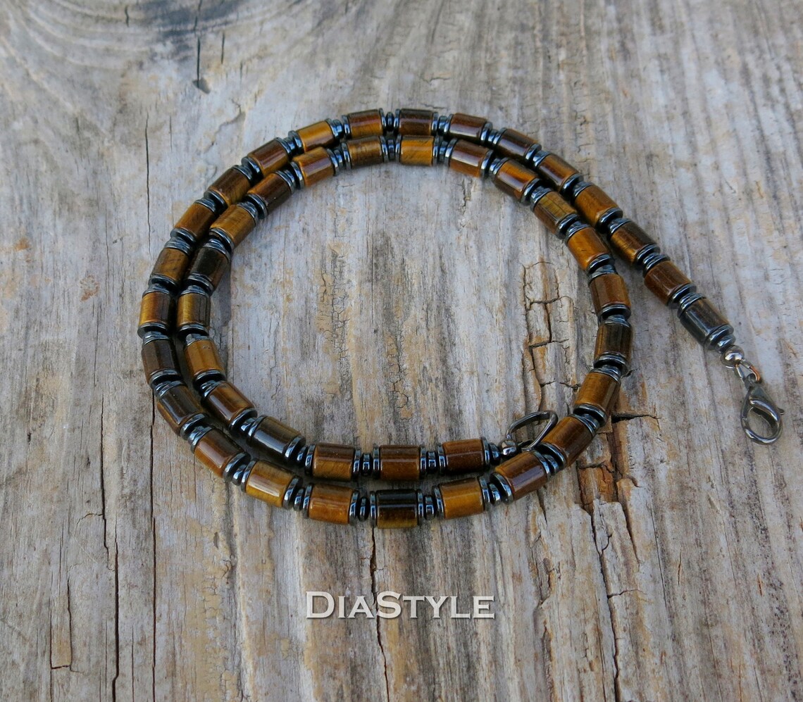 Mens Tiger Eye Necklace Mens Beaded Necklace Hematite Etsy