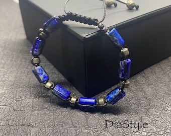 Lapis Lazuli Pyrite Beaded Bracelet, Men's Adjustable Protection Jewelry