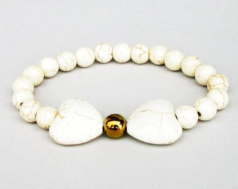 White Howlite Heart Bracelet: Gold Hematite Accent, Stacking Style