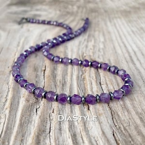 Amethistketting heren, kralenketting heren, edelsteenketting, chokerketting, kralensieraden heren, ketting voor mannen, cadeau voor hem