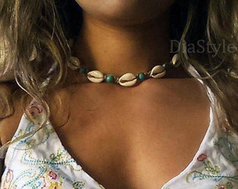 Cowrie Shell Choker: Natural Hemp Necklace with Turquoise Beads