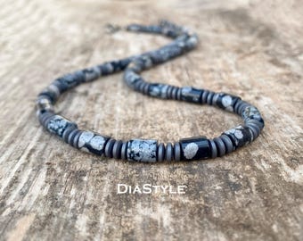 Snowflake Obsidian Hematite Men's Beaded Necklace