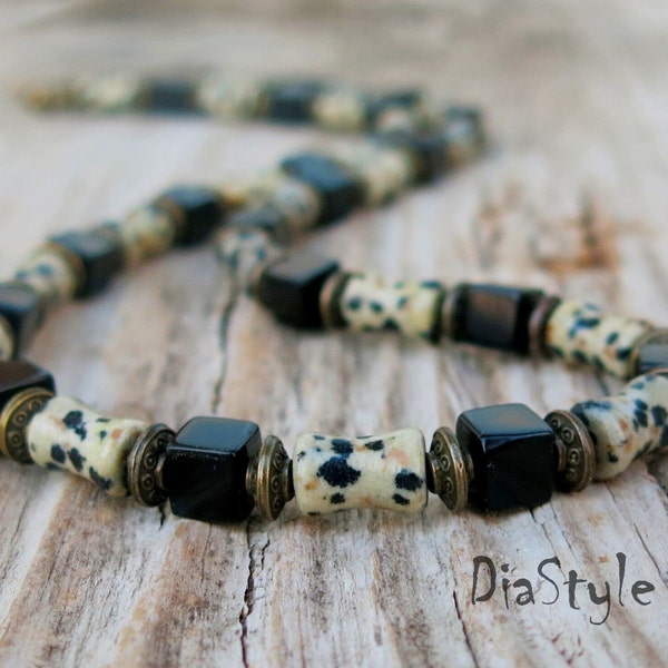 Men's Dalmatian Jasper Necklace, Men's Black Onyx Necklace, Men's Beaded Necklace, Choker Necklace, Surfer Necklace, Bohemian Jewelry