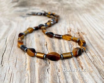 Men's Tiger Eye Beaded Necklace: Hematite Accent Choker