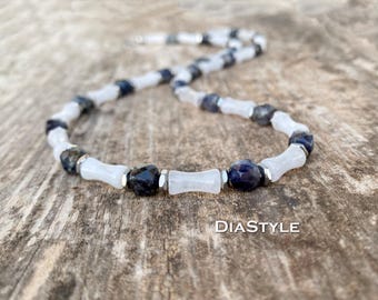 White Jade & Iolite Gemstone Necklace - Handmade Boho Men's Jewelry